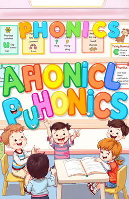 A colorful and engaging illustration of phonics for children, depicting animated letters of the alphabet with smiling faces, each letter in vibrant colors