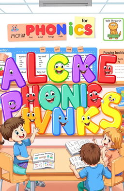 A colorful and engaging illustration of phonics for children, depicting animated letters of the alphabet with smiling faces, each letter in vibrant colors