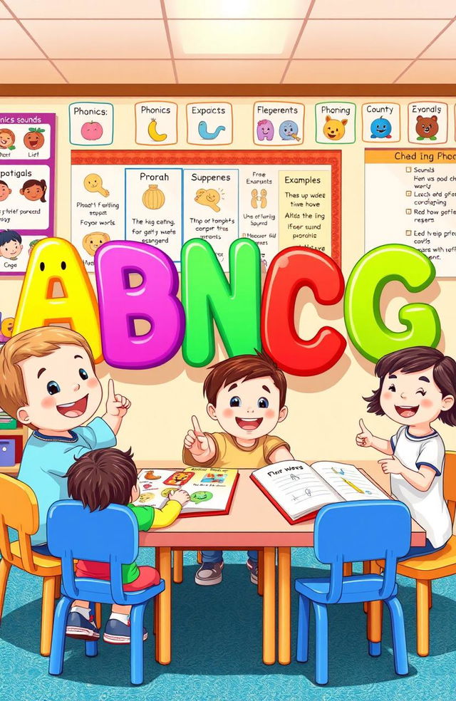 A colorful and engaging illustration of phonics for children, depicting animated letters of the alphabet with smiling faces, each letter in vibrant colors