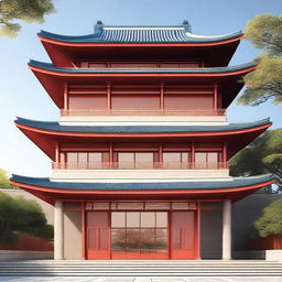 Construct image of a 100ftx200ft modern hall exterior, having an arc-style rooftop with modern Chinese architectural influences