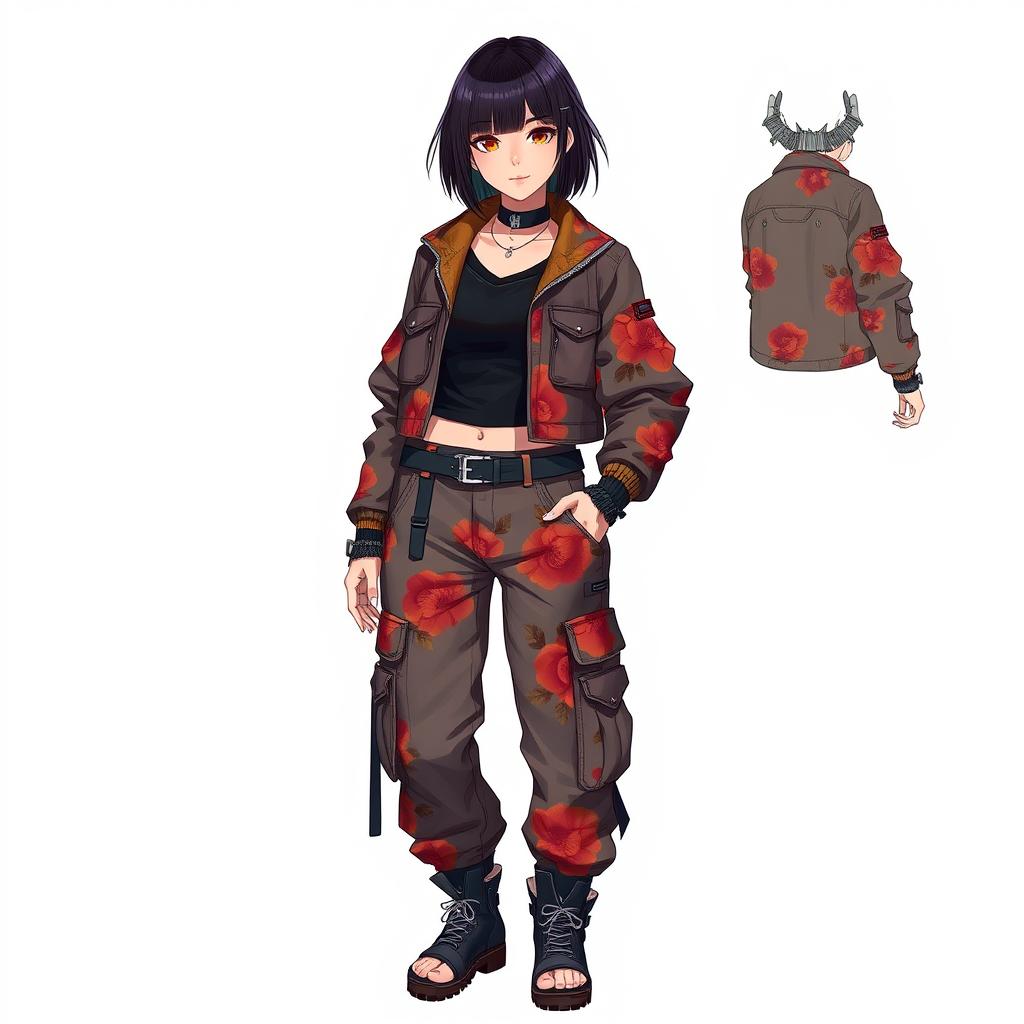 Full body concept art of a 20-something female character in a Cyberpunk setting, featuring intricate details and high color saturation