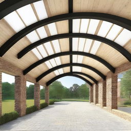 Create an image of the exterior design of a modern 100ftx200ft hall, featuring an arc-style roofing and a matching arc roof portico