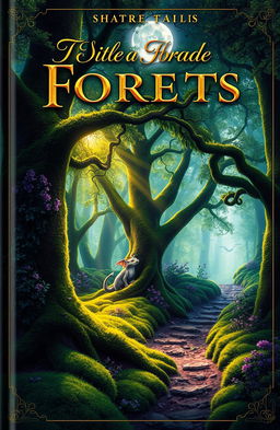 A captivating book cover design featuring a mystical forest with vibrant moss-covered trees, dappled sunlight filtering through the leaves, and a mysterious path leading deeper into the woods