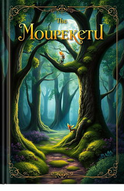 A captivating book cover design featuring a mystical forest with vibrant moss-covered trees, dappled sunlight filtering through the leaves, and a mysterious path leading deeper into the woods