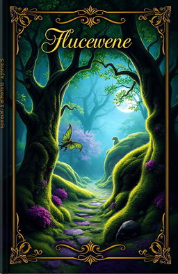 A captivating book cover design featuring a mystical forest with vibrant moss-covered trees, dappled sunlight filtering through the leaves, and a mysterious path leading deeper into the woods