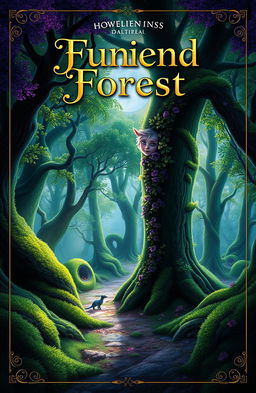 A captivating book cover design featuring a mystical forest with vibrant moss-covered trees, dappled sunlight filtering through the leaves, and a mysterious path leading deeper into the woods