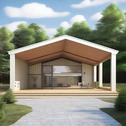 Create an image of the exterior design of a modern 100ftx200ft hall, featuring an arc-style roofing and a matching arc roof portico