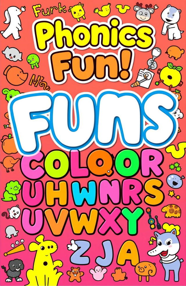 A colorful and engaging phonics color book cover designed for children, featuring the letters of the alphabet in bold, playful fonts, each letter in a different bright color