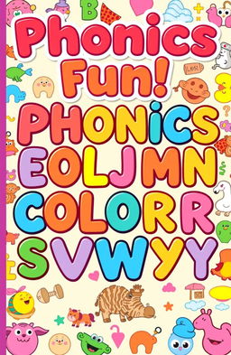 A colorful and engaging phonics color book cover designed for children, featuring the letters of the alphabet in bold, playful fonts, each letter in a different bright color