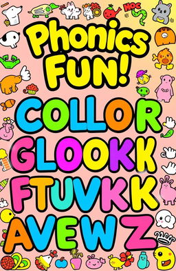 A colorful and engaging phonics color book cover designed for children, featuring the letters of the alphabet in bold, playful fonts, each letter in a different bright color