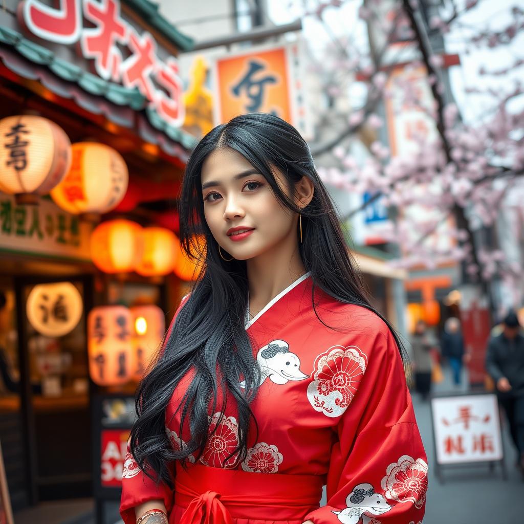 A vibrant street scene in Japan showcasing a beautiful woman in traditional clothing with a modern twist, blending elements of Japanese culture with contemporary fashion