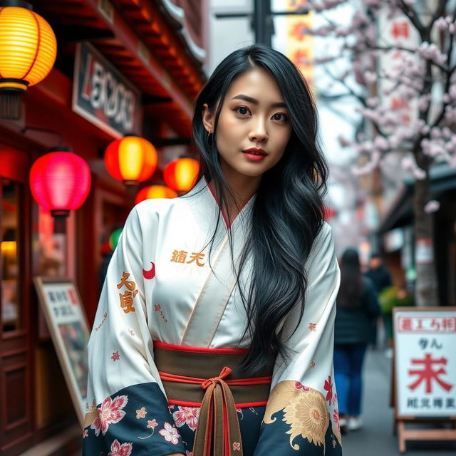 A vibrant street scene in Japan showcasing a beautiful woman in traditional clothing with a modern twist, blending elements of Japanese culture with contemporary fashion