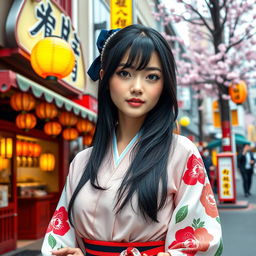 A vibrant street scene in Japan showcasing a beautiful woman in traditional clothing with a modern twist, blending elements of Japanese culture with contemporary fashion