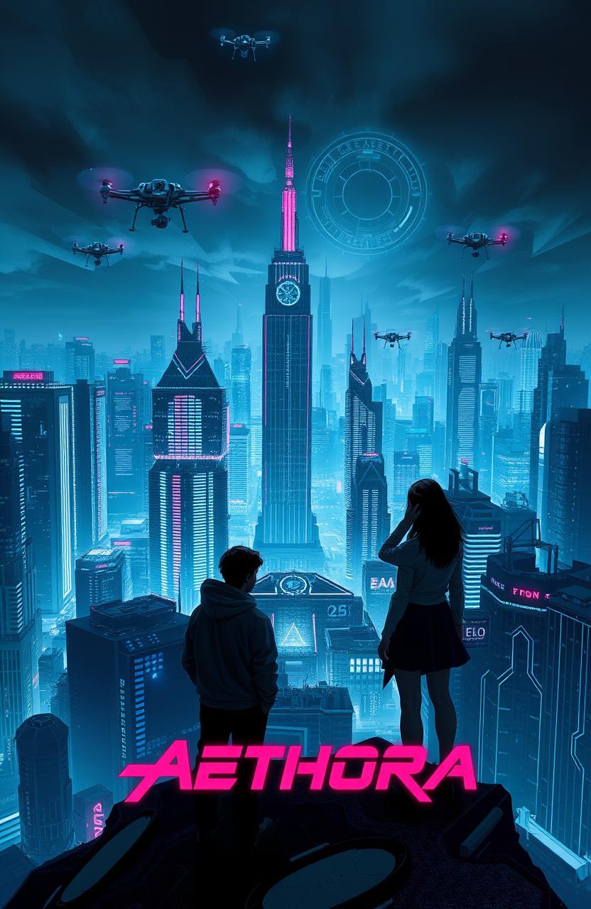 A vertical book cover design depicting a cyberpunk sci-fi scene