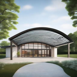 Create an image of the exterior design of a modern 100ftx200ft hall, featuring an arc-style roofing and a matching arc roof portico