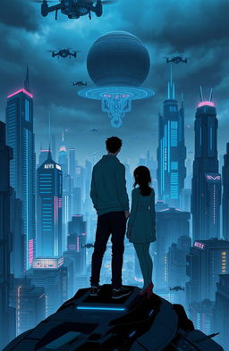 A vertical book cover design depicting a cyberpunk sci-fi scene