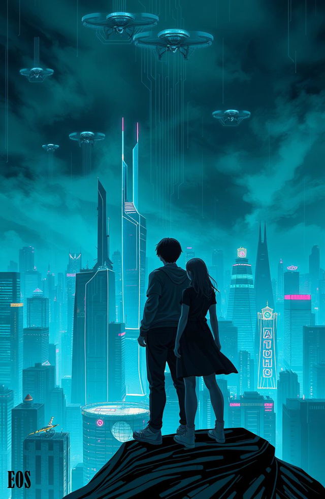 A vertical book cover design depicting a cyberpunk sci-fi scene