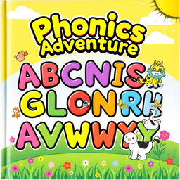 A colorful and fun cover design for a phonics color book aimed at young children, featuring a playful layout that highlights each letter of the alphabet