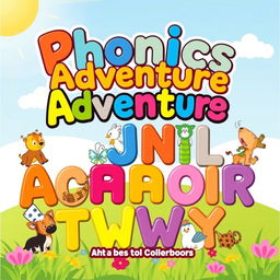 A colorful and fun cover design for a phonics color book aimed at young children, featuring a playful layout that highlights each letter of the alphabet