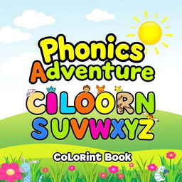 A colorful and fun cover design for a phonics color book aimed at young children, featuring a playful layout that highlights each letter of the alphabet