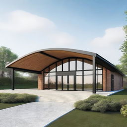 Create an image of the exterior design of a modern 100ftx200ft hall, featuring an arc-style roofing and a matching arc roof portico