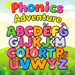 A colorful and fun cover design for a phonics color book aimed at young children, featuring a playful layout that highlights each letter of the alphabet