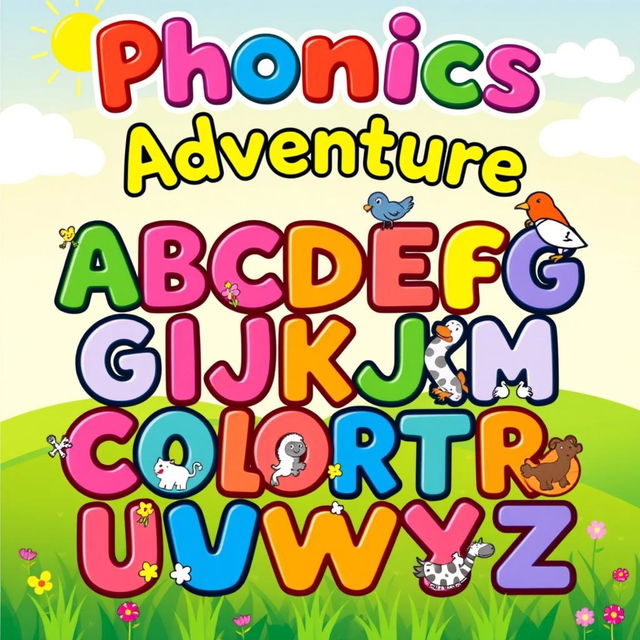 A colorful and fun cover design for a phonics color book aimed at young children, featuring a playful layout that highlights each letter of the alphabet