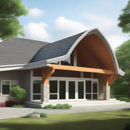 Generate an image of a contemporary 100ftx200ft hall's exterior design, highlighting arc-style roofing and an arc roof portico