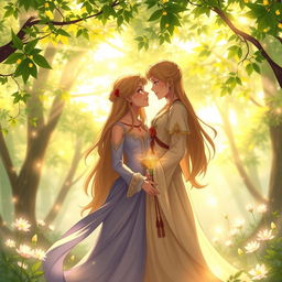 A heartwarming scene depicting two soul mates connected by a mystical energy, standing together in a serene, enchanted forest filled with glowing flowers and twinkling lights