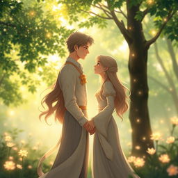 A heartwarming scene depicting two soul mates connected by a mystical energy, standing together in a serene, enchanted forest filled with glowing flowers and twinkling lights