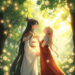 A heartwarming scene depicting two soul mates connected by a mystical energy, standing together in a serene, enchanted forest filled with glowing flowers and twinkling lights