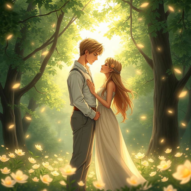 A heartwarming scene depicting two soul mates connected by a mystical energy, standing together in a serene, enchanted forest filled with glowing flowers and twinkling lights