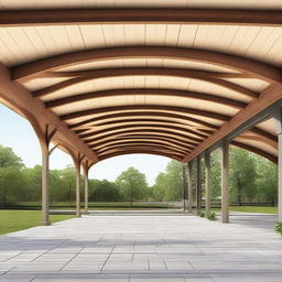 Generate an image of a contemporary 100ftx200ft hall's exterior design, highlighting arc-style roofing and an arc roof portico