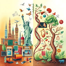 An engaging and enlightening illustration that contrasts Western culture with biological elements