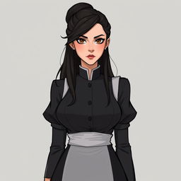 A character study of a confident woman of average height who stands tall, exuding an air of authority