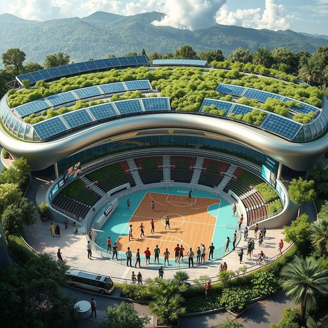 A stunning futuristic sports facility showcasing sustainable architecture and innovative design