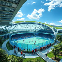 A stunning futuristic sports facility showcasing sustainable architecture and innovative design