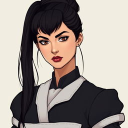 A portrait of a confident woman of average height, standing tall and exuding authority