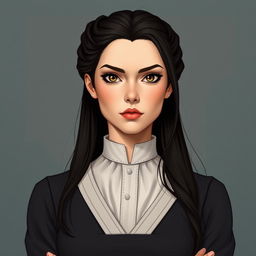 A portrait of a confident woman of average height, standing tall and exuding authority