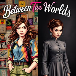 A book cover titled "Between Two Worlds" split down the middle