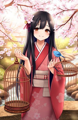 A cheerful young Japanese girl with long black hair, wearing a traditional kimono with floral patterns, gently holding a delicate bluebird in her hand