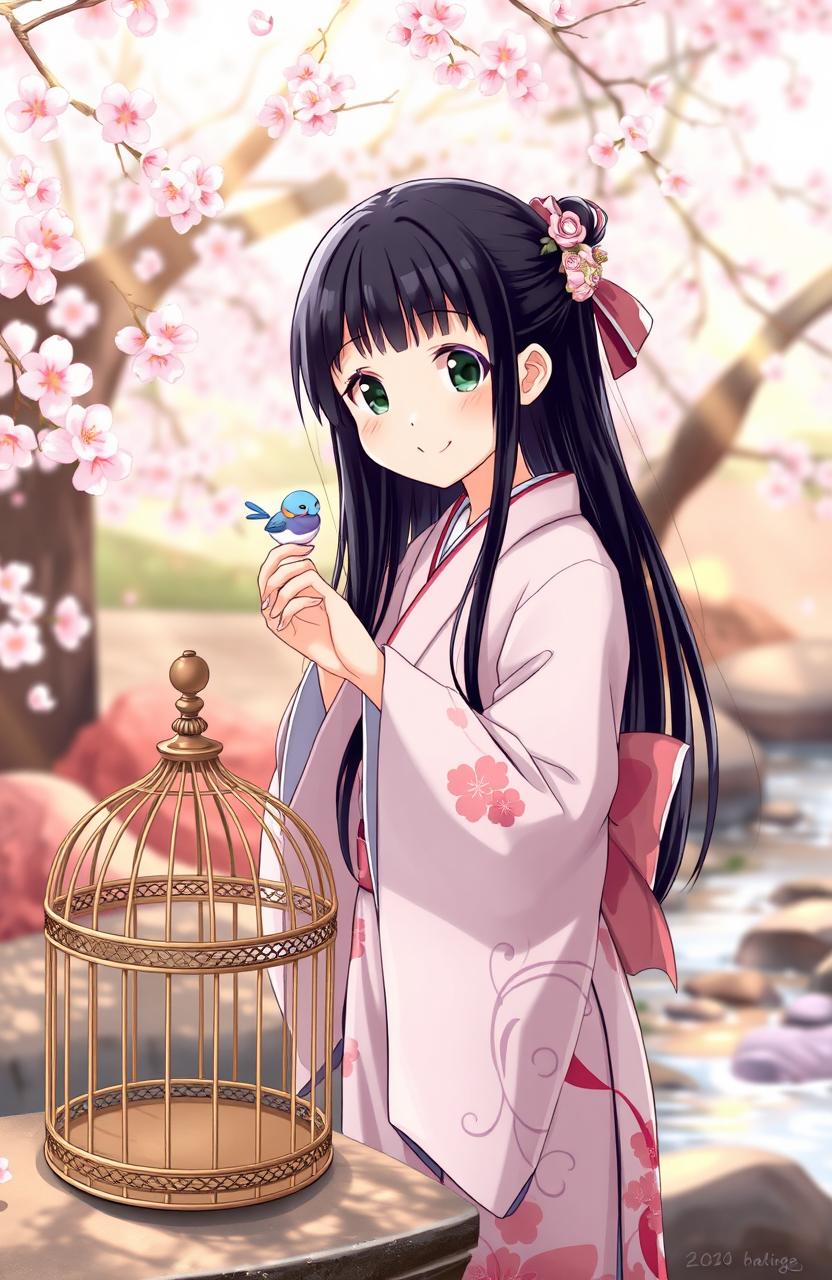 A cheerful young Japanese girl with long black hair, wearing a traditional kimono with floral patterns, gently holding a delicate bluebird in her hand