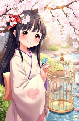 A cheerful young Japanese girl with long black hair, wearing a traditional kimono with floral patterns, gently holding a delicate bluebird in her hand