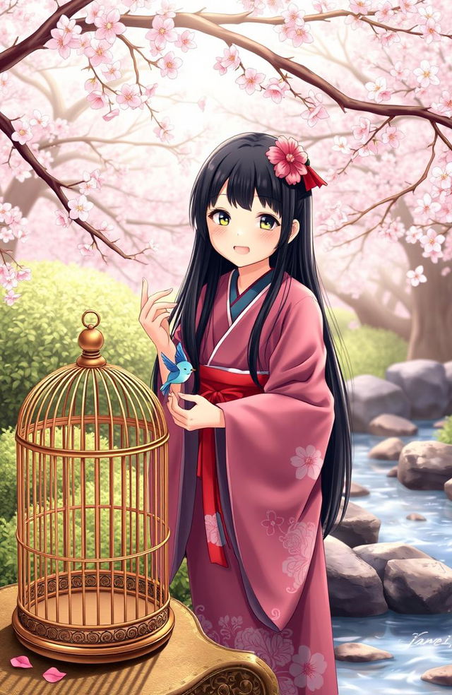 A cheerful young Japanese girl with long black hair, wearing a traditional kimono with floral patterns, gently holding a delicate bluebird in her hand