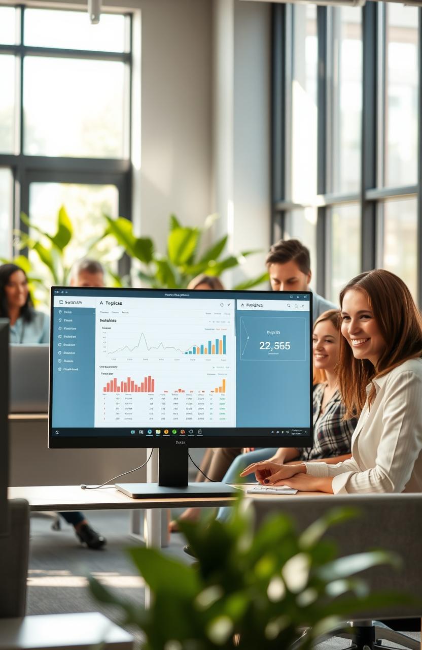 A modern office environment where employees are engaged in work, showcasing a digital attendance management system on a sleek computer screen