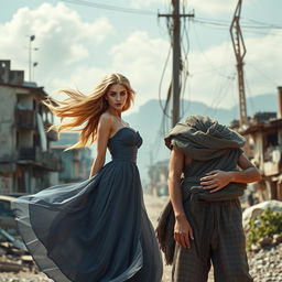 A beautiful woman with flowing long hair and sparkling blue eyes, wearing a flowing, elegant dress that highlights her graceful figure