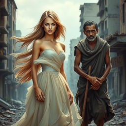A beautiful woman with flowing long hair and sparkling blue eyes, wearing a flowing, elegant dress that highlights her graceful figure