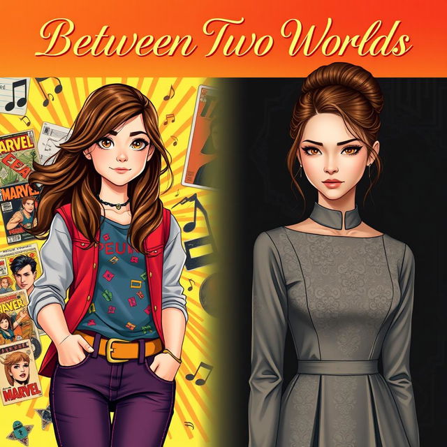 A book cover titled "Between Two Worlds" split down the middle