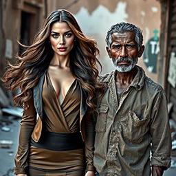 A beautiful woman with radiant features and long, flowing hair, wearing a stylish yet elegant outfit that reflects her confidence