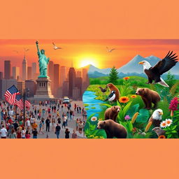 A visual representation of the contrasting themes of American culture and biology, featuring a split scene